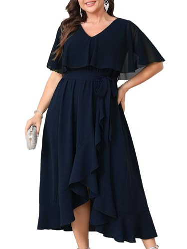 Women Plus Size Long Formal Dress Short Sleeve Chiffon Ruffle V Neck High Low Split Wedding Guest Maxi Dresses Navy Blue | Amazon (US)