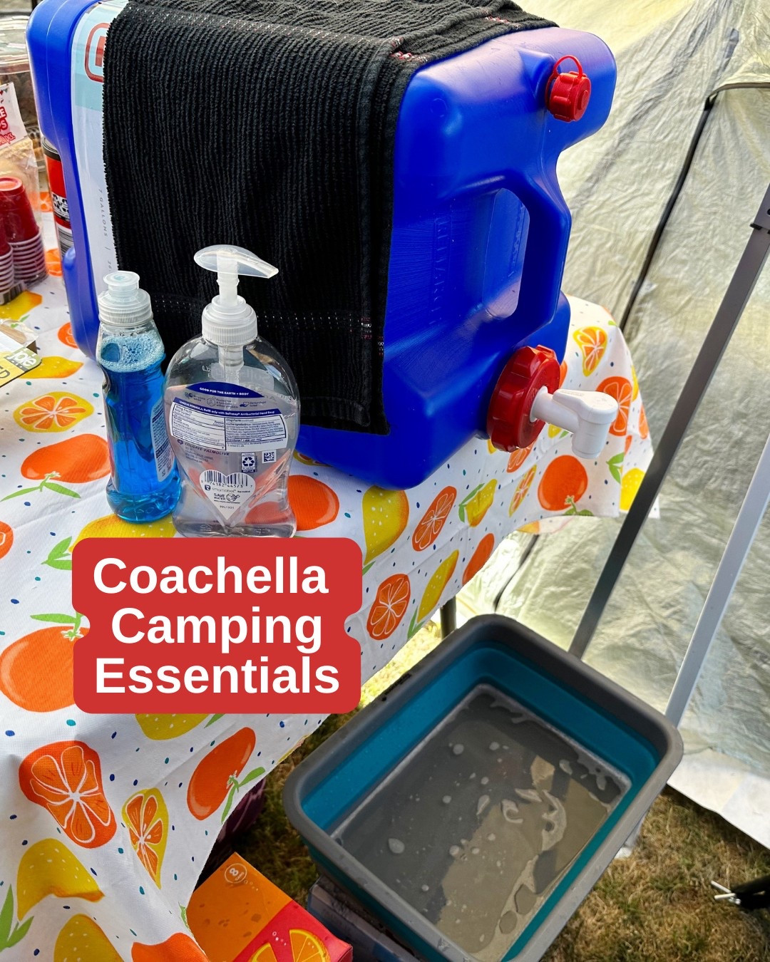 Washing station for camping at Coachella. Wash your dishes and wash your face and brush your teeth at your campsite. #camping #campingessentials #coachella #coachellacamping #coachellaessentials #coachellacampingessentials #walmartcamping 