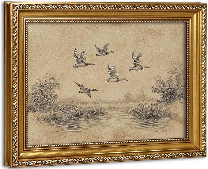 Vintage Ornate Gold Framed Duck Wildlife Wall Art Classic Neutral Sketch Style Landscape Artwork ... | Amazon (US)