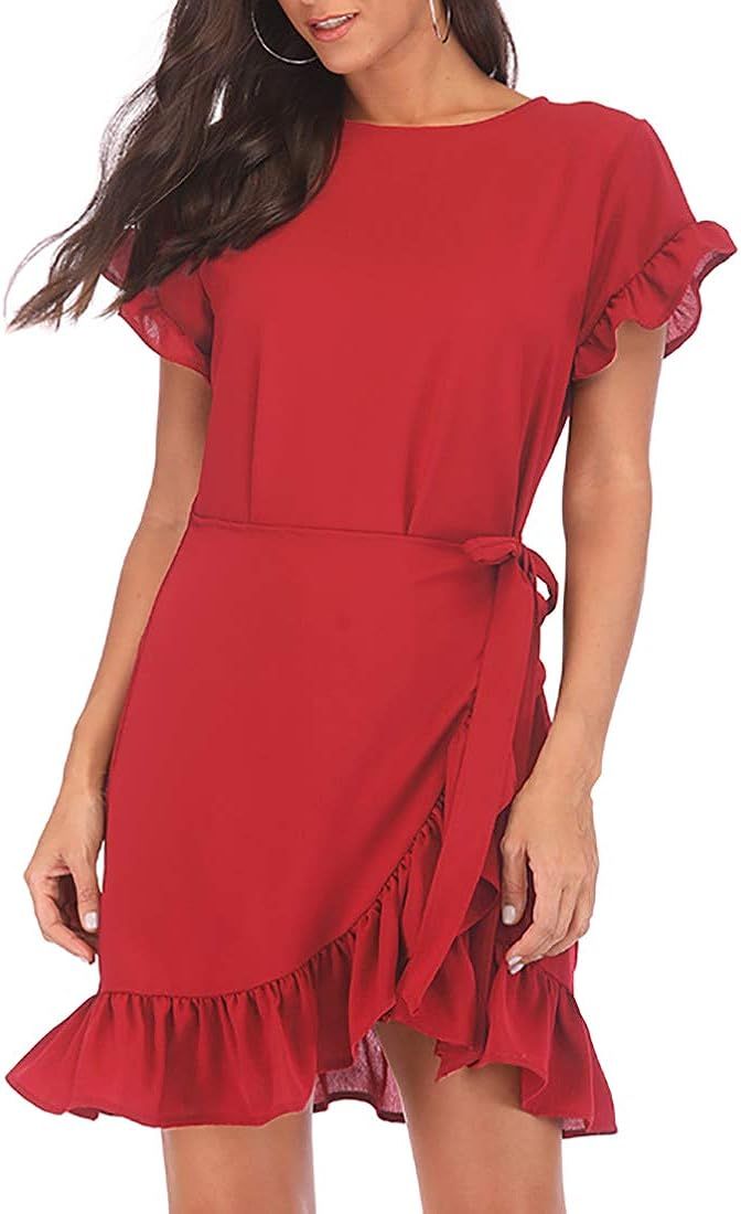 Womens Long Sleeve Round Neck Ruffles Wrap Dresses Party Dress | Amazon (US)