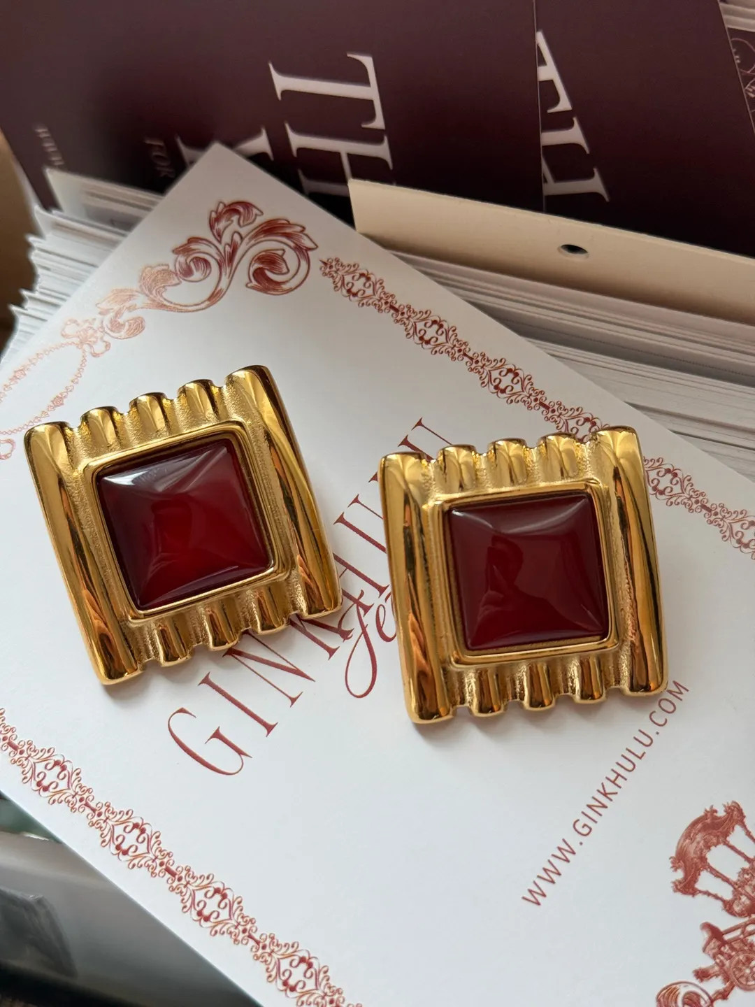 Red Glass Gold Chunky Earrings, Square Statement Retro Bold Jewelry, 80s Vintage Style - Etsy | Etsy (US)