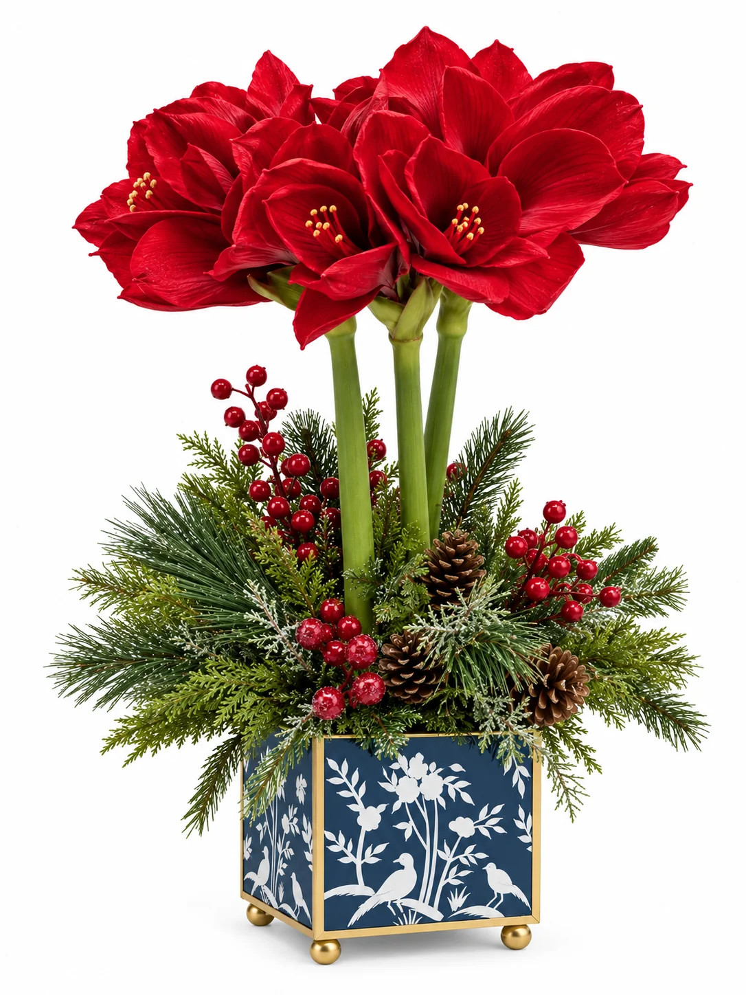 Red Amaryllis & Winter Greens in Chinoiserie Planter | The Enchanted Home