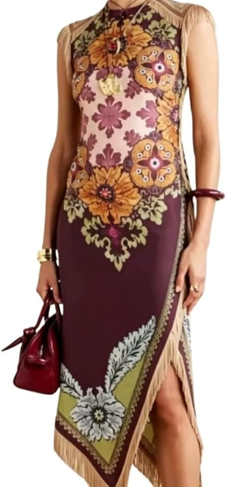 Women Vintage Floral Midi Dress Scarf Print Sleeveless Fringe Trim Asymmetric Slit Bodycon Dress Cocktail Dresses | Amazon (US)