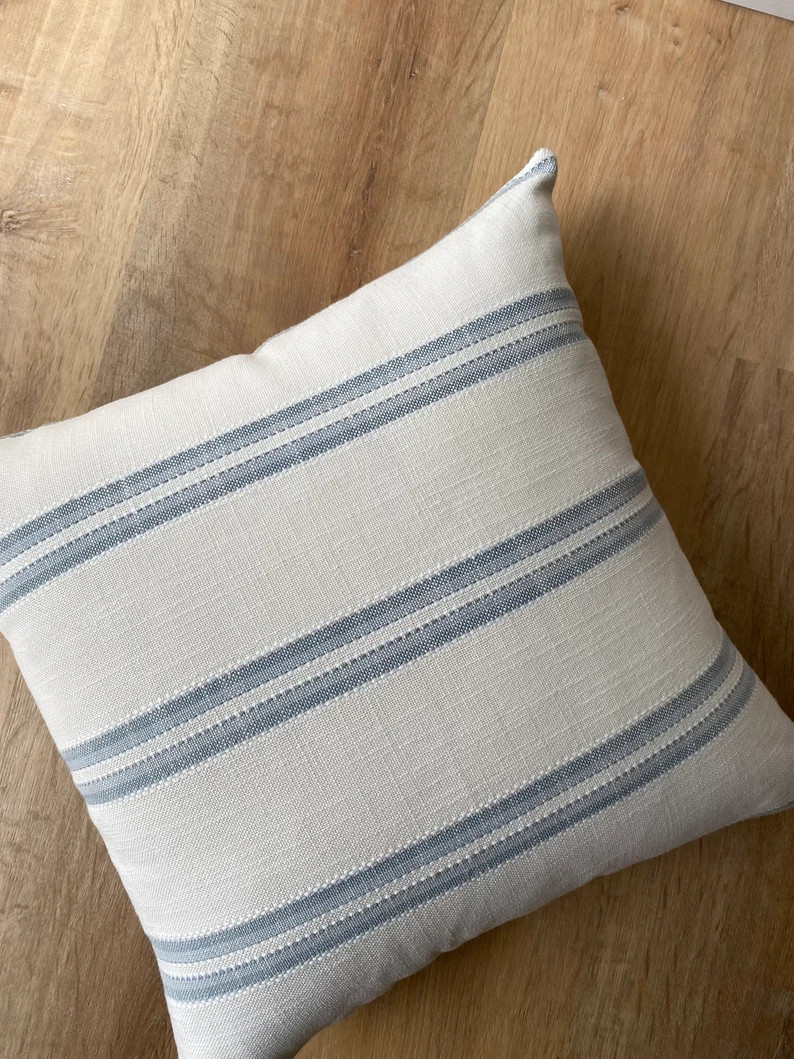 Designer Insideout Coastal Indoor Outdoor Boho Stripe Modern Woven Chambray Blue White Pillow Cov... | Etsy (US)