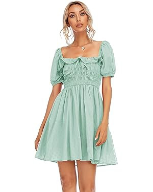 R.Vivimos Women's Summer Cotton Short Sleeve Square Neck Elastic Smocked Ruffle Floral Print Swin... | Amazon (US)