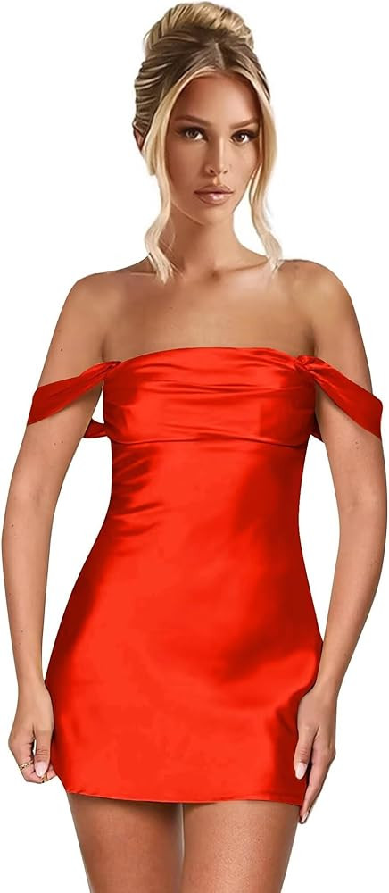 Amazon.com: enetly Satin Off Shoulder Red Short Homecoming Dresses for Teens Tight Open Back Grad... | Amazon (US)