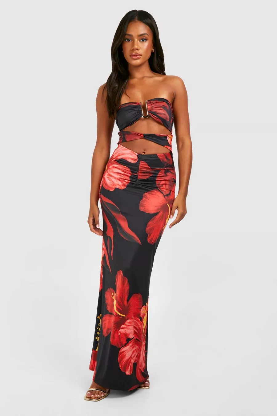 Bandeau Gold Trim Cut Out Printed Maxi Dress | Boohoo.com (UK & IE)