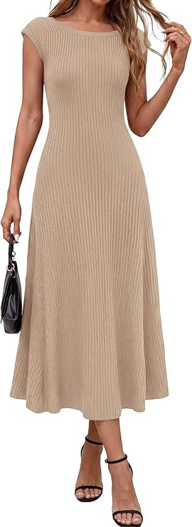 BTFBM Womens Spring Dresses 2026 Asymmetrical Neck Short Sleeve Pleated Swing Knit Midi Dress Bus... | Amazon (US)