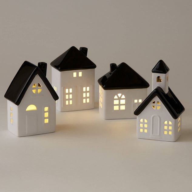 4pc Battery Operated Decorative Ceramic House White with Black Roof - Wondershop™ | Target