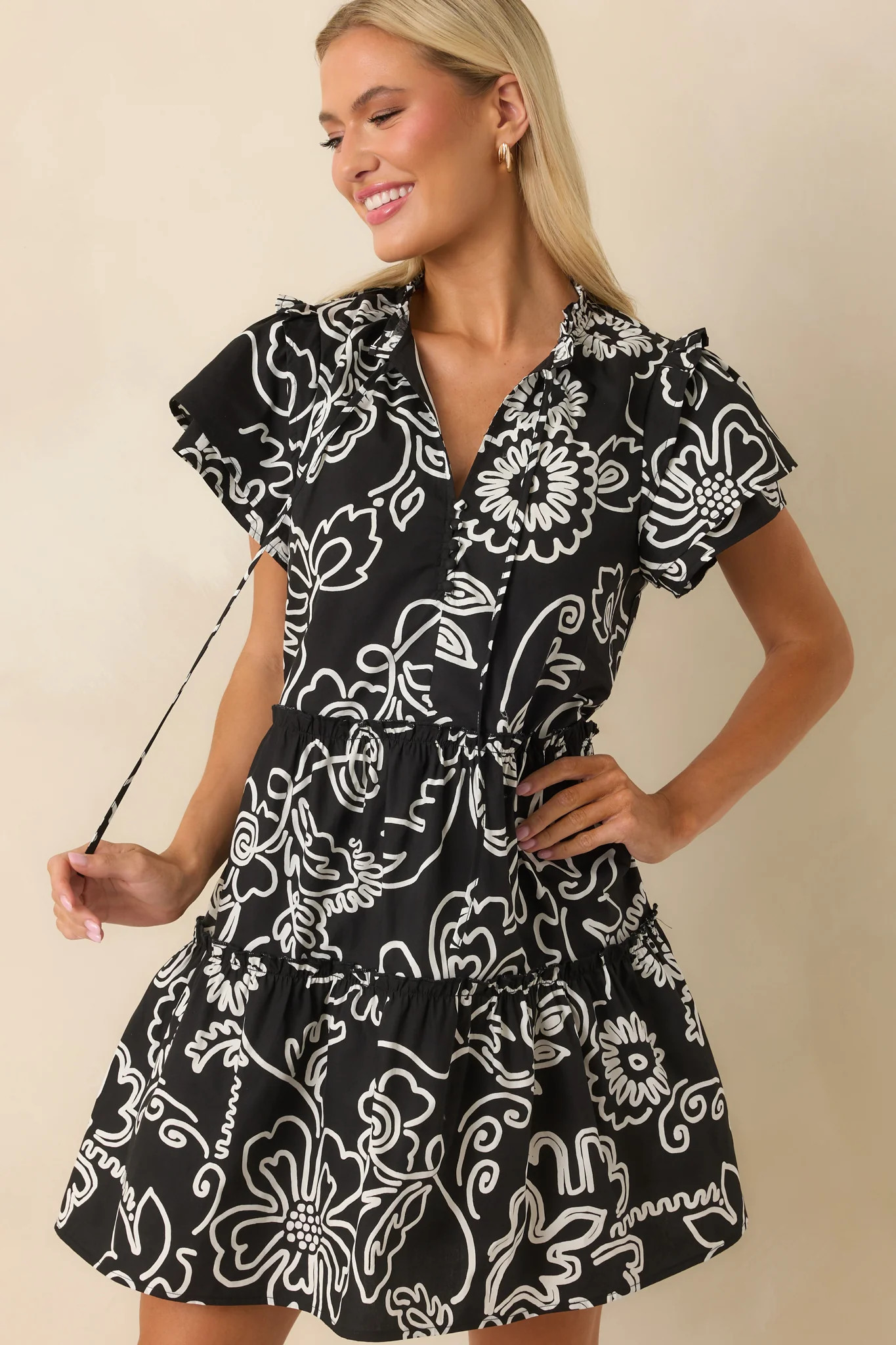 Go Your Way Black Floral Print Cotton Flutter Sleeve Mini Dress | Red Dress