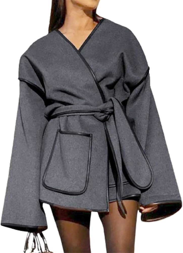 Vintage Grey Women's Coat with Belt Casual Loose V-neck Cardigan Jackets Windpro of Solid Color J... | Amazon (US)