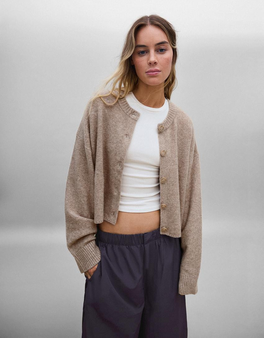 Soft touch round neck jacket | Bershka UK