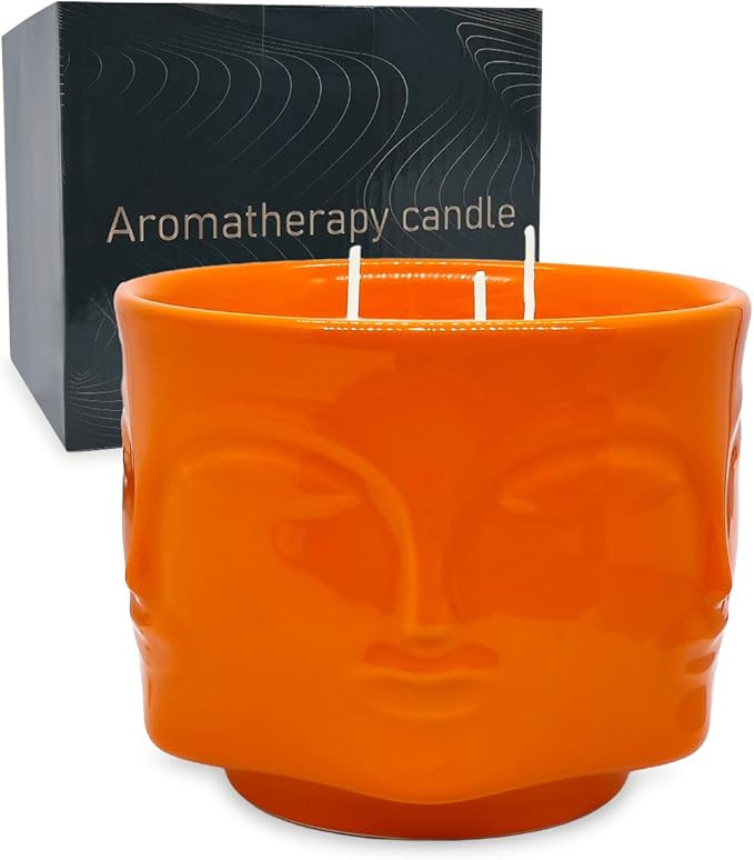 3 Wicks 20oz Pumpkin Scented Candle in Orange Colored Buddha Pattern Ceramic Pot, Large Natural S... | Amazon (US)