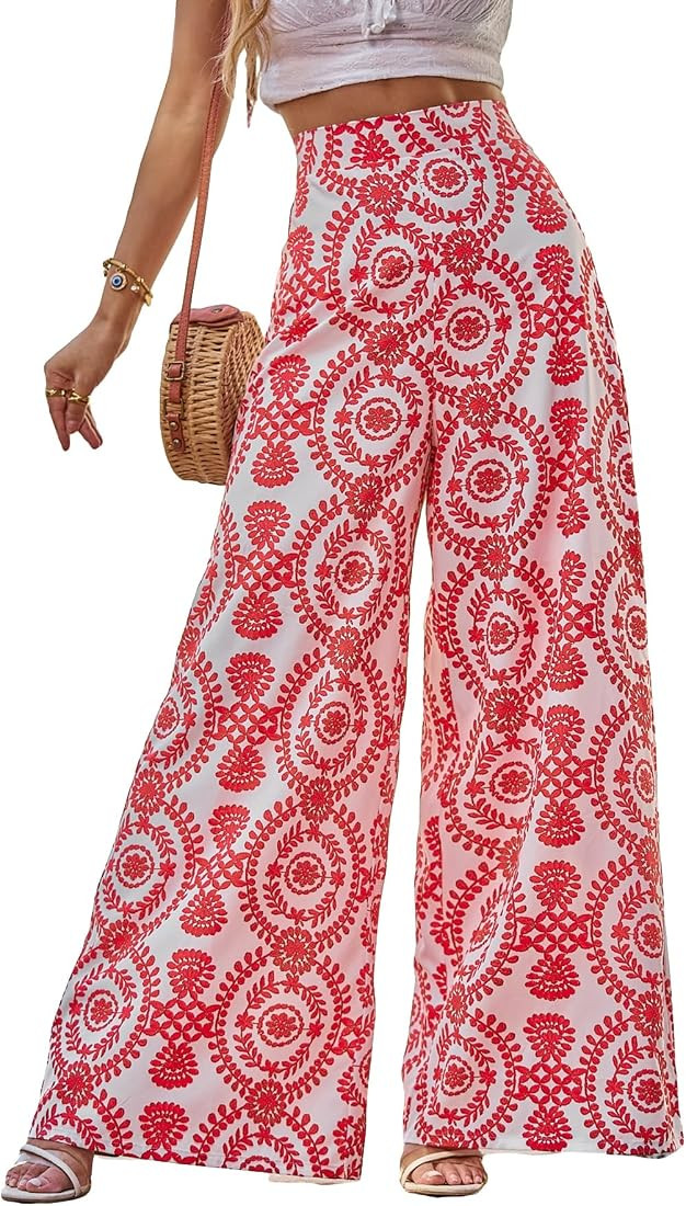 SOLY HUX Women's High Waist Geo Print Wide Leg Pants Loose Fit Long Palazzo Pants | Amazon (US)