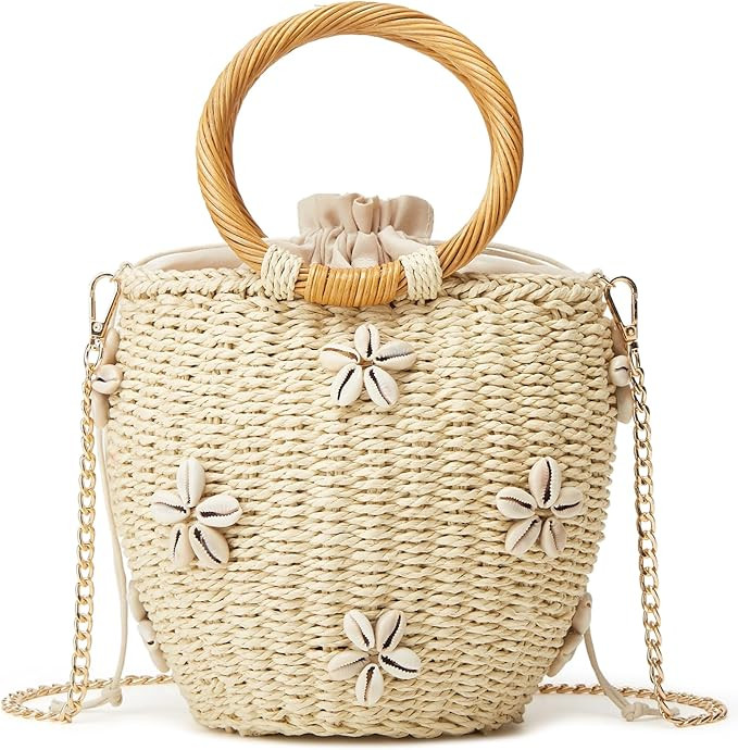 Summer Straw Bag for Women Pearl Flower Bucket Tote Bag Diamond Handbag Hand Woven Rattan Shell P... | Amazon (US)