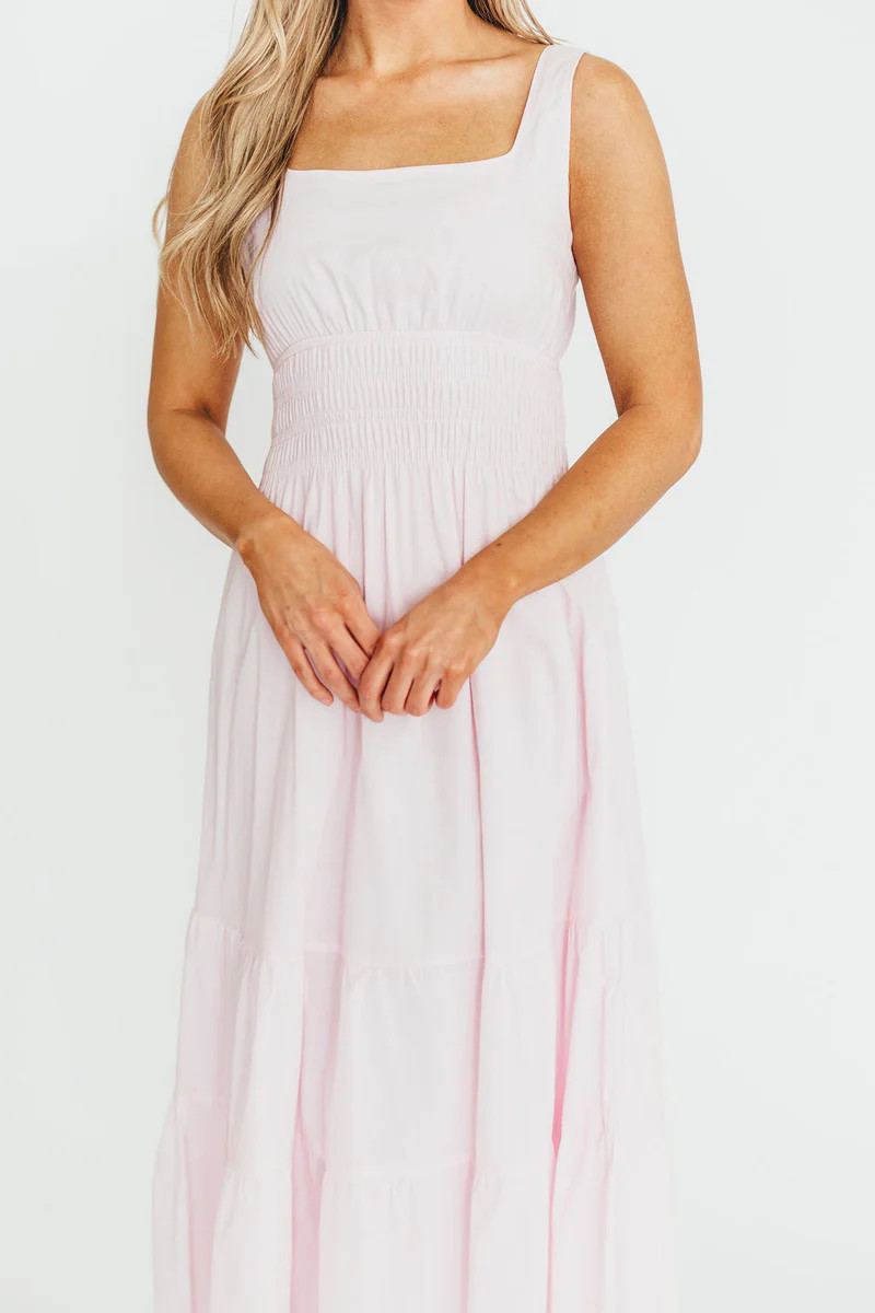 Victoria 100% Cotton Smocked Waist Midi Dress in Light Pink | Worth Collective