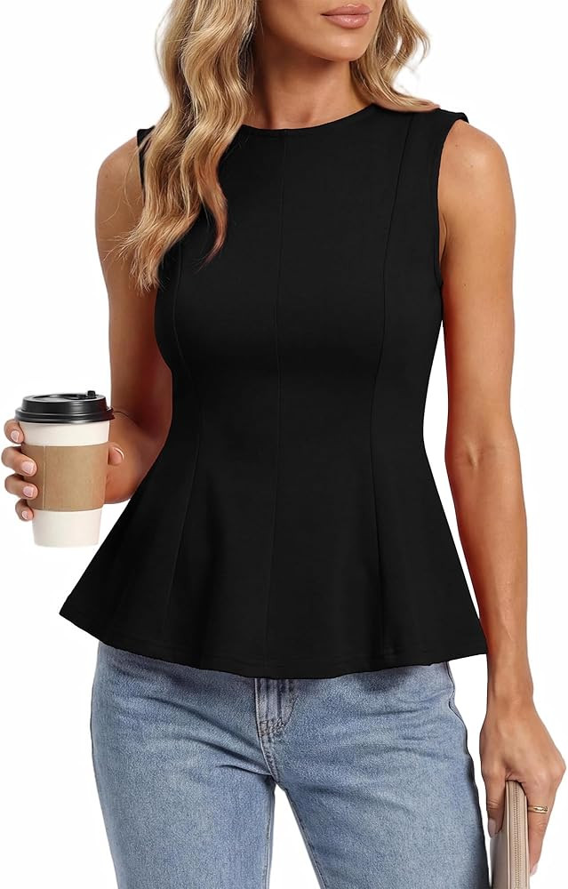 BTFBM Womens Summer Tops 2026 Business Casual Outfits Crew Neck Sleeveless Shirts Slim Fit Peplum... | Amazon (US)