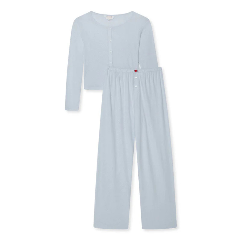 Pointelle Cardigan and Trouser Set- Baby Blue/Red | The NAP Co
