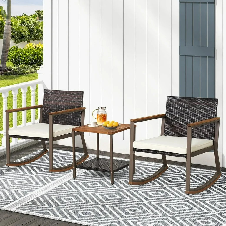 3 Piece Patio Set, Outdoor Wicker Bistro Set 2 Rattan Chair Conversation Sets with Coffee Table a... | Walmart (US)
