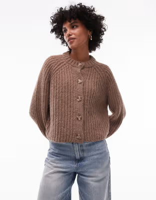 Topshop knitted chunky crew neck cardigan in brown | ASOS (Global)