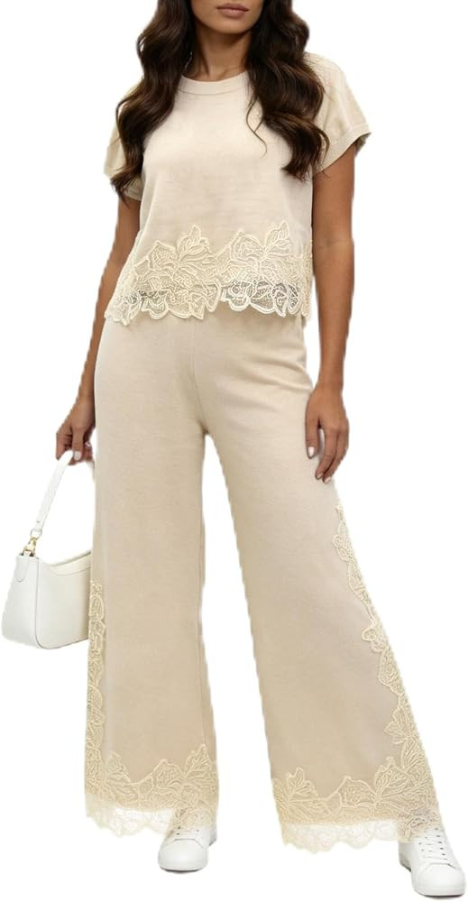 LEO'S VASE Lace Trim Short Sleeve Knit Set Travel Sets For Women 2 Piece | Amazon (US)
