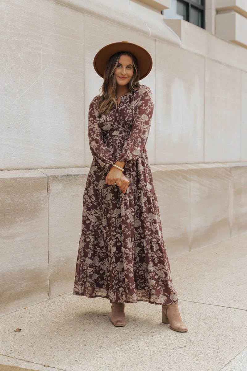 Brown Floral Long Sleeve Maxi Dress | Magnolia Boutique