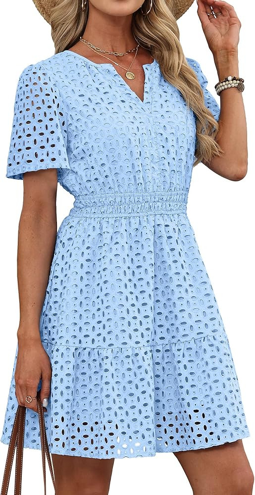 RUMIA Womens Dresses 2026 Summer V Neck Eyelet Lace A Line Short Dress | Amazon (US)