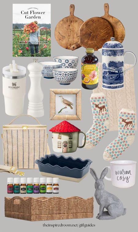 Gift ideas for her! Insulated lunch bag, house shaped mug with lid, ruffle loaf pan (color options), cable knit throw blanket (color options), cozy deer socks, blue and white cafetière, secret garden simple syrup, Stanley tumbler, blue and white bowls, white salt and pepper mill, bunny figurine, wood serving boards, picture frame, scalloped woven tray, cut flower garden book. 

See more ideas at theinspiredroom.net/giftguides

#LTKhome #LTKSeasonal #LTKHoliday