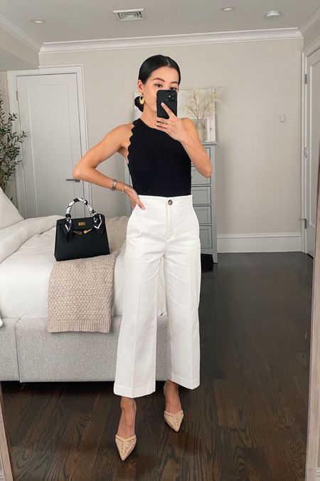 $50 off select Ann Taylor products with code LOOK

•Wide leg crop pants - on sale! Size 00 petite measures 13” across the waist, 10.35” rise and 23” inseam. Very flattering fit and a great work pant!
•Scalloped knit top xxs petite - cute summery piece that tucks easily into pants, jeans and skirts
•Woven sling backs sz 5
•Sezane earrings 

#LTKsalealert #LTKSeasonal #LTKworkwear
