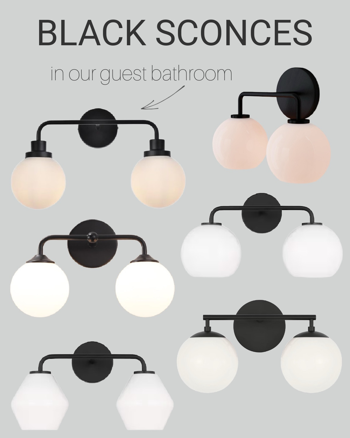 Basement bathrooms can be tricky with no natural light, so we mounted two black double sconces above an oversized mirror to really brighten the space. The milk glass shades give off the prettiest glow and feel like vintage globe lamp posts in the best way. Classic, simple, and just enough contrast. I’m also sharing a few similar 2-light sconces if you’re looking for something along the same lines.#LTKfindsunder100

#LTKhome