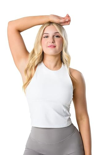 Kamo Fitness Ellyn High Neck Tank Top Sports Bra for Women Soft Padded Built-in Bra Longline Yoga Running Workout (Snow White, M) | Amazon (US)