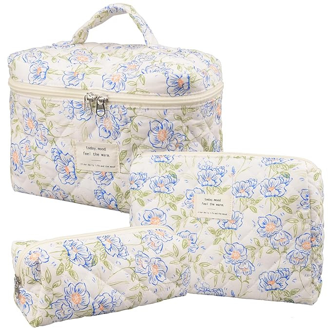 Makeup Bag,Quilted Cosmetic Bags,Large Floral Make Up Organize bag,Makeup Bag Set for Women,Flowe... | Amazon (US)