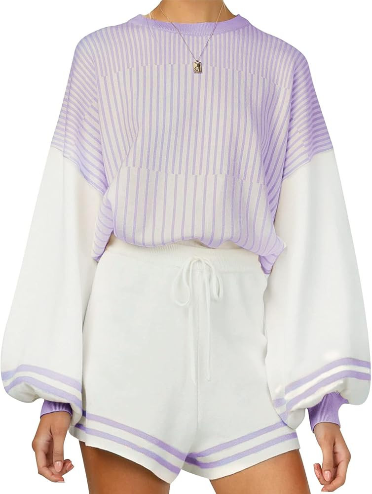 PEHMEA Women's 2 Piece Outfits Knit Sweater Sets Crewneck Pullover and Shorts with Drawstring | Amazon (US)