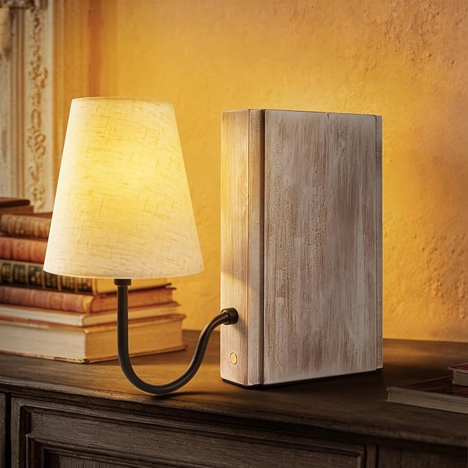AELS Wooden Bookshelf Lamp with Bulb, Cordless Touch Dimmable Table Lamp with Linen Fabric Shade,... | Amazon (US)