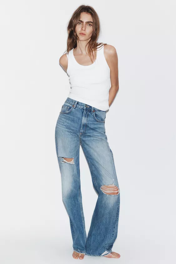 TRF RIPPED HIGH WAIST WIDE LEG JEANS | Zara US