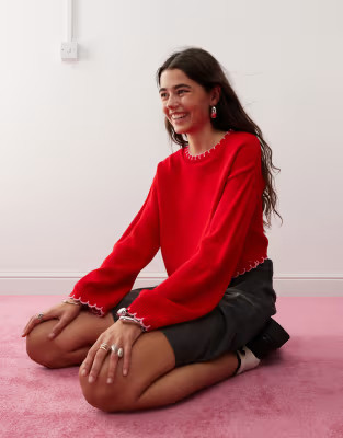 Miss Selfridge blanket stitch knitted jumper in red | ASOS (Global)