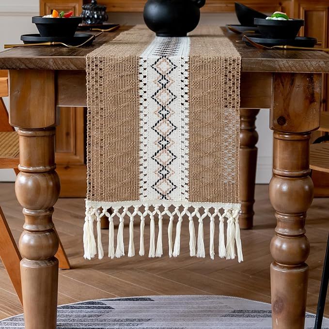 Boho Table Runner Macrame Style 12 x 48 Inches Rustic Table Runner with Tassels Farmhouse Party T... | Amazon (US)