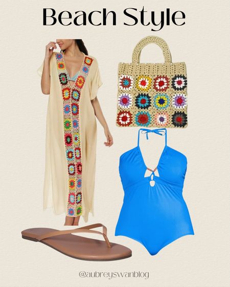 Beach style 🌊
This matching bag & cover up is so cute! 

Beach coverup, Time and Tru outfit, Walmart finds, barely there thing sandals, blue one piece bathing suit, vintage embroidered tote 