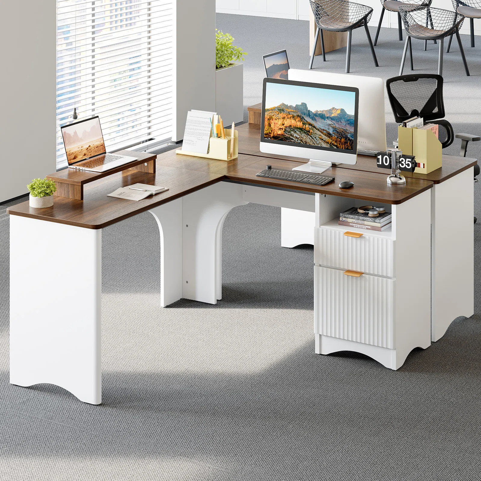 55'' L Shaped Executive Computer Desk with File&Storage Drawers,Home Office Writing Desk with Mon... | Wayfair North America