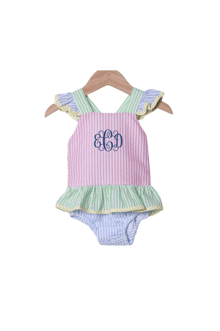 Color Block Seersucker Ruffle Swimsuit | The Smocked Flamingo