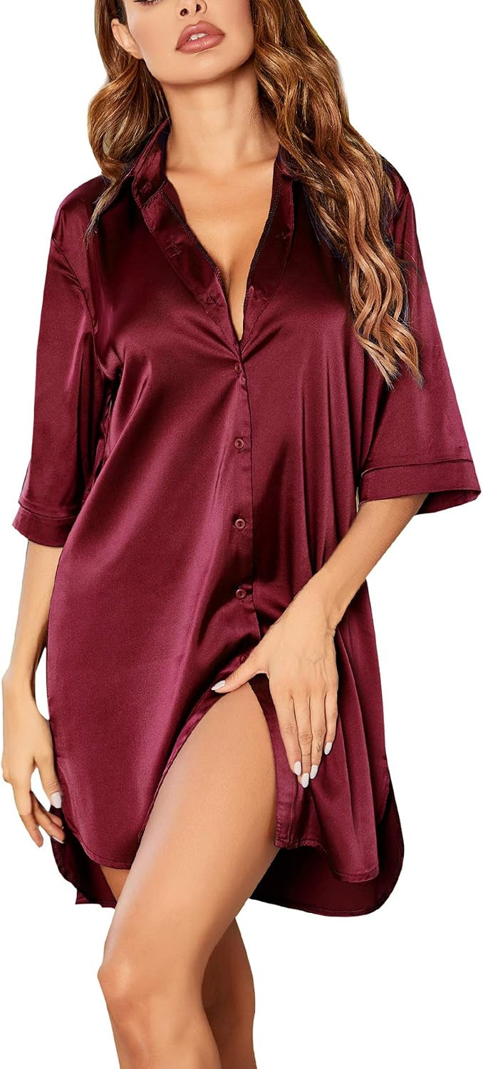 Ekouaer Womens Satin Button Down Nightshirt 3/4 Sleeve Boyfriend Nightgown | Amazon (US)