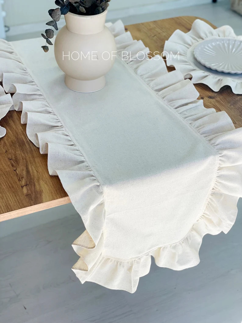 Ruffled Natural Linen Table Runner: Cream Boho Farmhouse Decor - Etsy | Etsy (US)