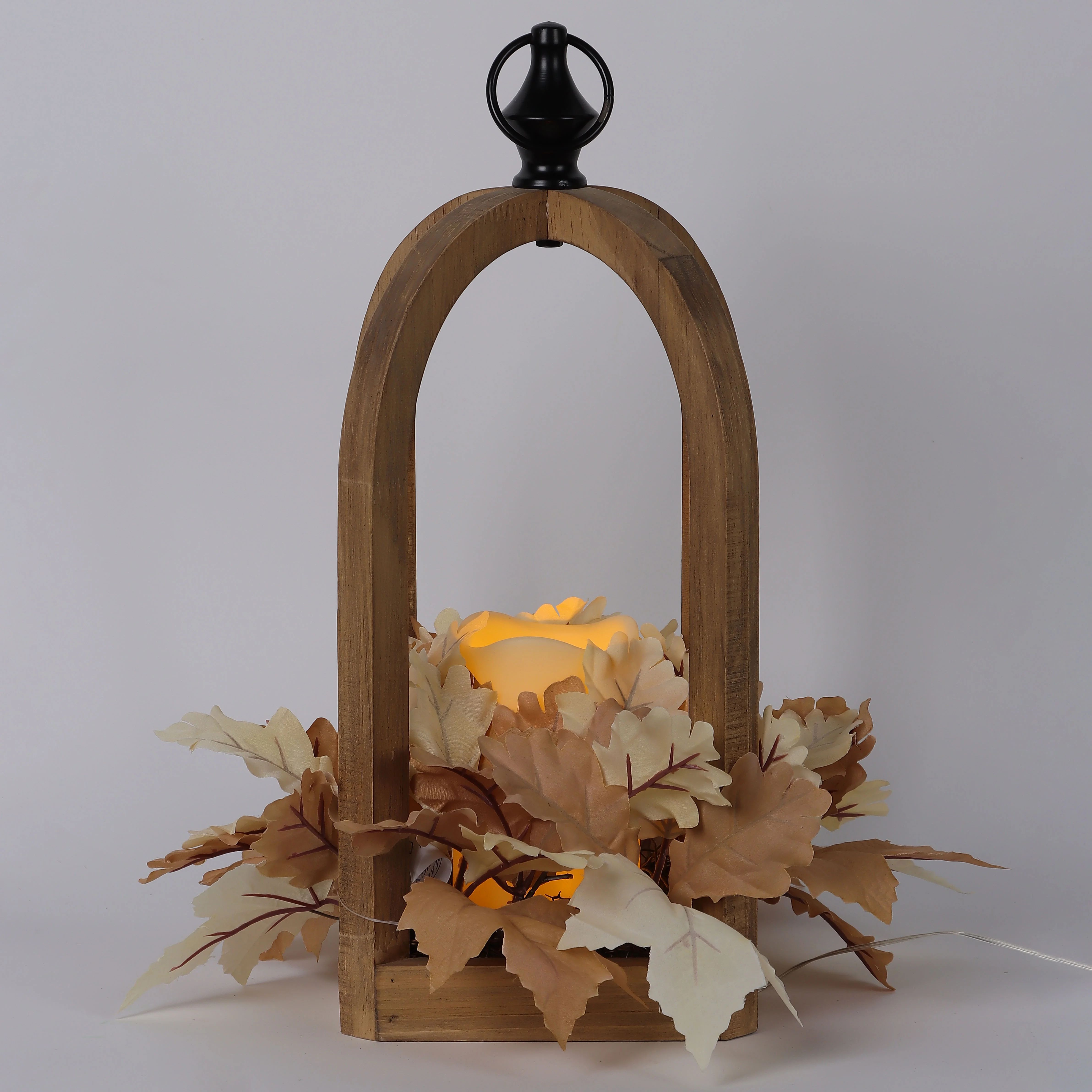 Harvest Wood Lantern with Cream Leaves & Flameless Candle Indoor Decor, 15.5", by Way To Celebrat... | Walmart (US)