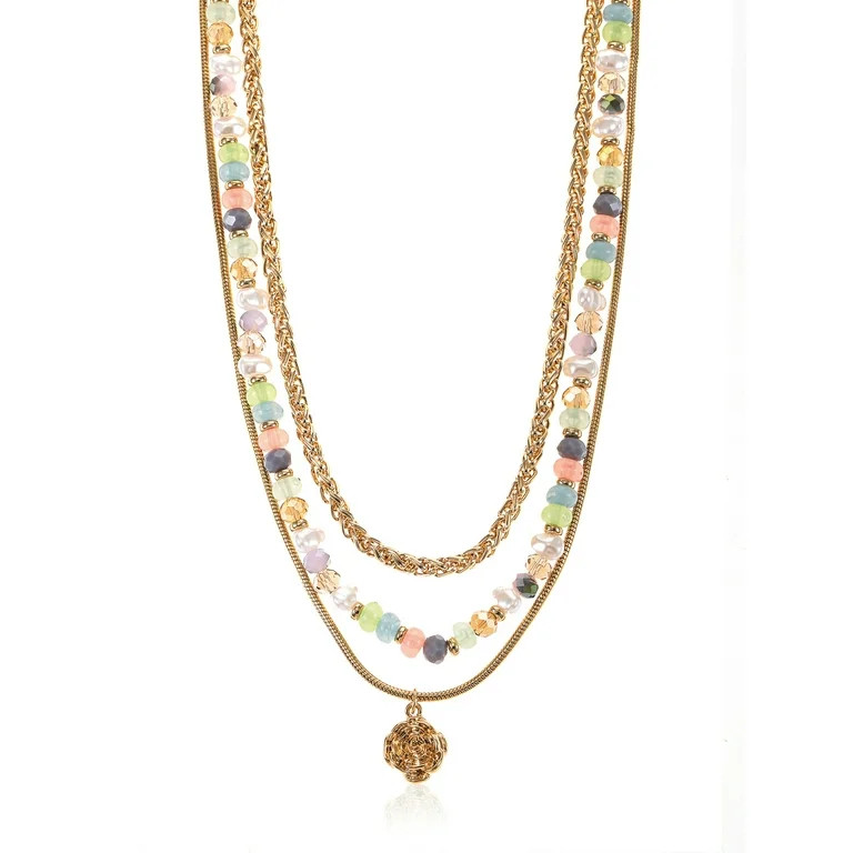 Time and Tru Triple Layer Goldtone and Beaded Necklace, 1 Piece | Walmart (US)