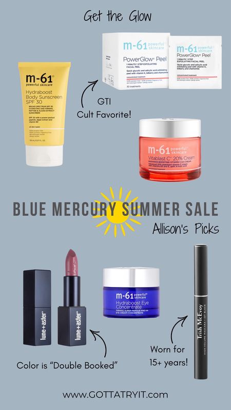 Blue Mercury is having a huge Summer Sale! 

Sale deets 👇🏻
Get 20% off $200, 25% off $500, 30% off $1000 using code “SUMMER.”

We are all stocking up on our fave products!

Here are Allison’s favorites she buys on repeat.

M-61 Body Sunscreen: light and refreshing. Allison loves to swipe this over shoulders, arms and legs in the warmer months.

M-61 Power Glow Peel Pads: contain glycolic and salycilic acids to exfoliate the face and minimize fine lines and pore size. Use after cleansing in the morning. Start once a week and work your way up!

Hydraboost eye cream: the best under eye cream! 

Trish Tubing Mascara: Allison has sworn by this for years. Stays on all day and slides off easily with just warm water. 

#BluemercuryPartner
#Bluemercury
#summershoppingparty
@bluemercury
  

#LTKSaleAlert #LTKBeauty #LTKOver40