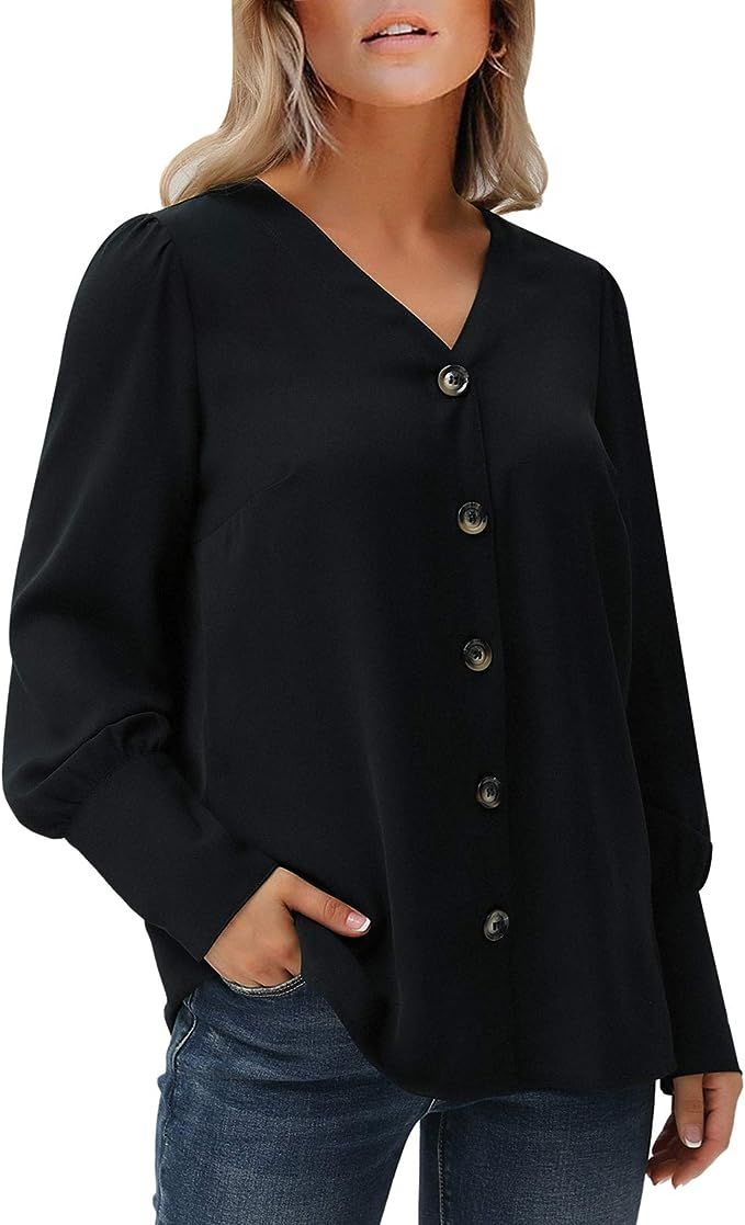 GRACE KARIN Women's Casual Button Down V Neck Long Lantern Sleeve Shirt Top | Amazon (US)