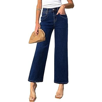 Sidefeel Women's Straight Leg Jeans High Waisted Petite Stretchy Jeans Zimbaplatinum Wide Leg Ank... | Amazon (US)