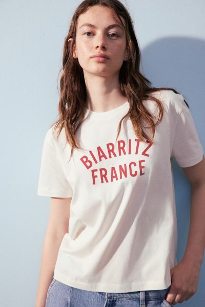 Printed T-shirt - White/Biarritz - Ladies | H&M US | H&M (US + CA)