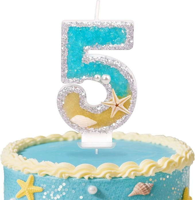 Birthday Number Candles, Beach Starfish Sequins Birthday Candles for Cake, Glitter Number 5 Candl... | Amazon (US)