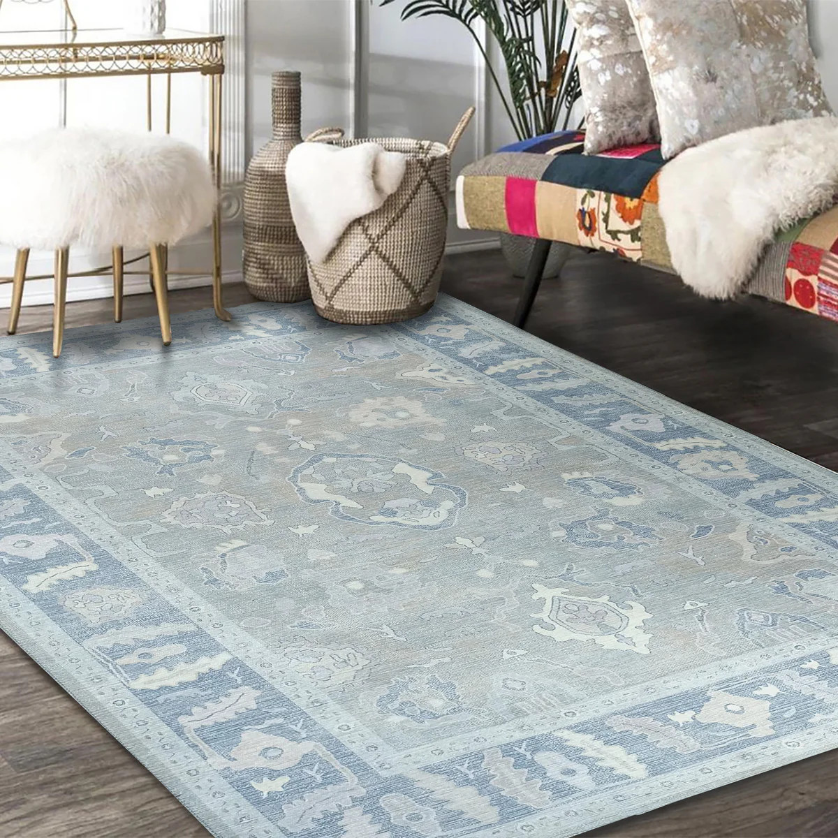 Ruya Gray Blue Modern Oushak Rug | Fame Rugs